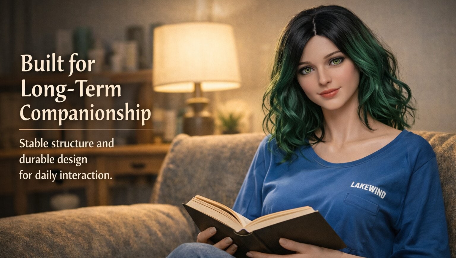 Long-term companion sex doll in casual home setting, designed for daily interaction and durable companionship