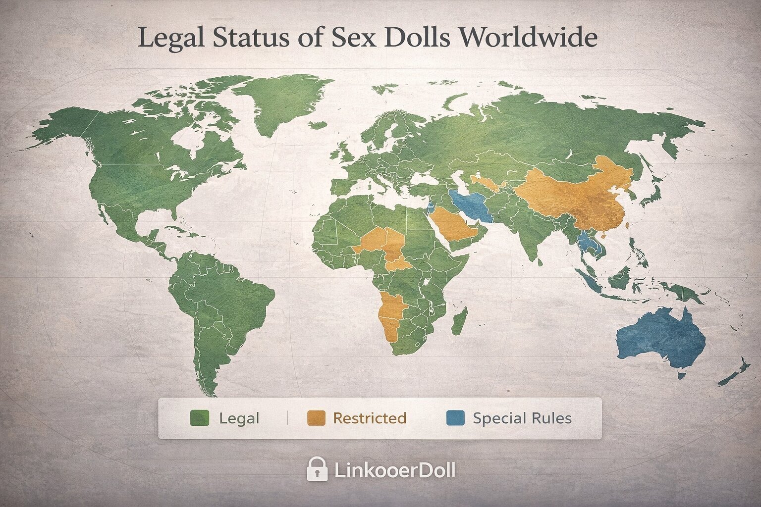 World map showing general legal status of sex dolls by region