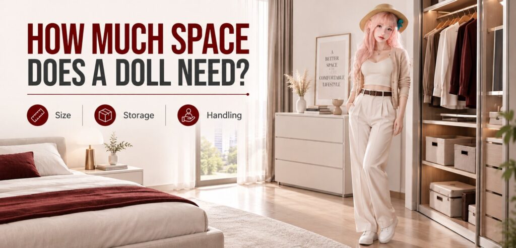 Realistic sex doll displayed in a modern bedroom with practical storage space