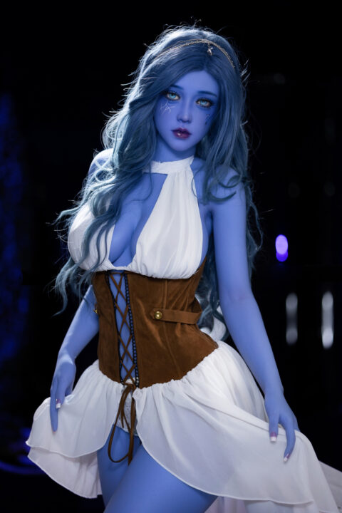 Aibei 160cm blue elf doll, front portrait in white costume and brown corset