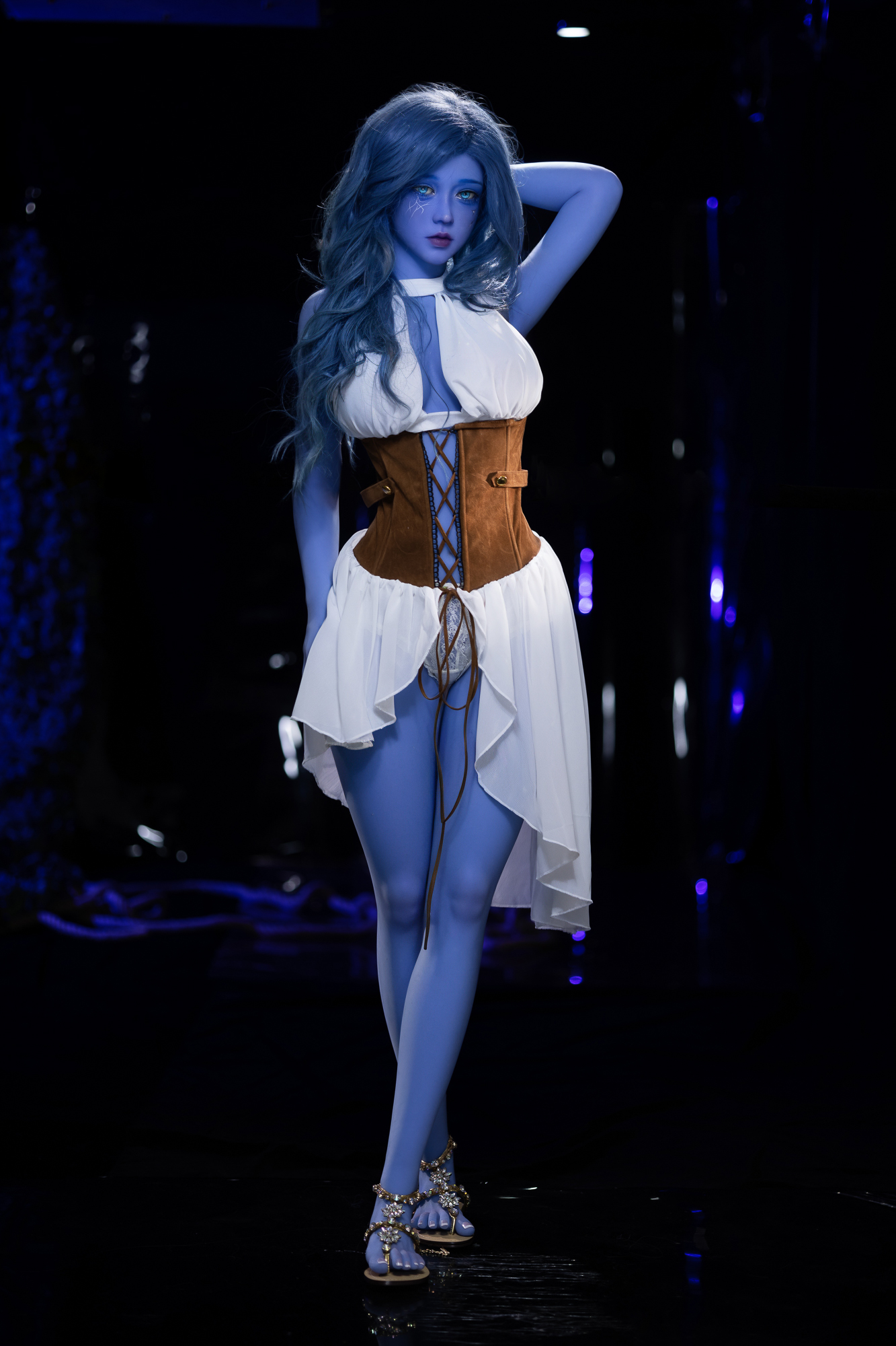 Aibei 160cm blue elf doll, full-length standing pose with raised arm